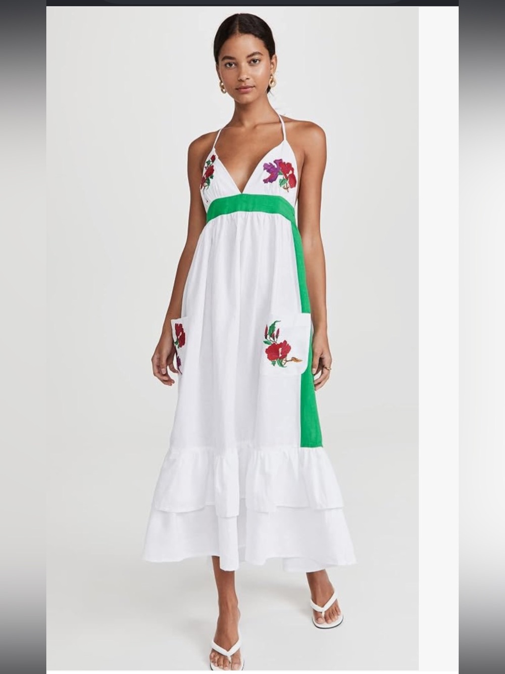 Fanm Mon 100%Linen Maxi Dress White & Green Floral